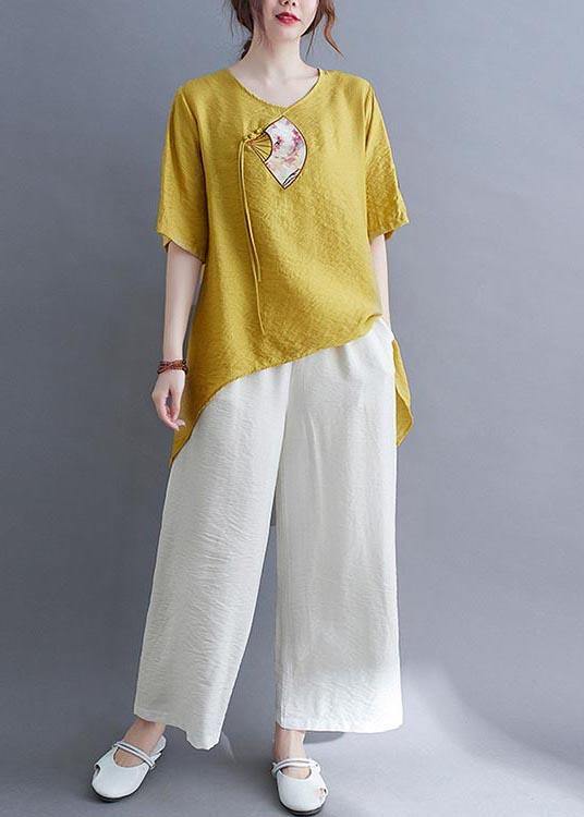 Italian Yellow Embroideried Fan Cotton Linen Top Summer - SooLinen