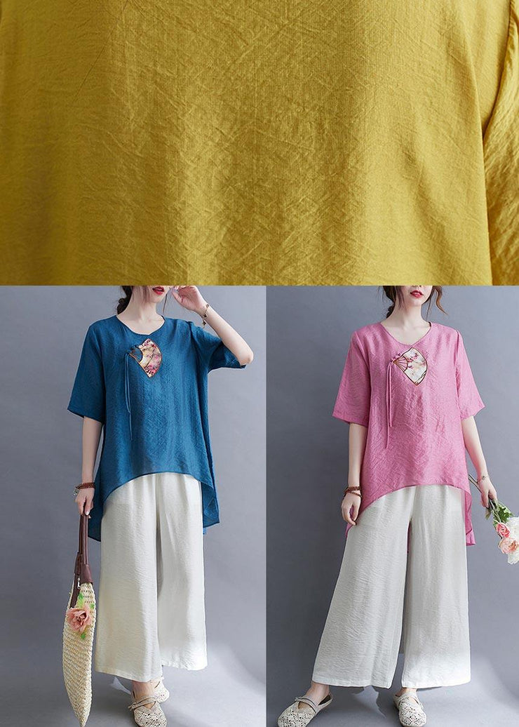 Italian Yellow Embroideried Fan Cotton Linen Top Summer - SooLinen