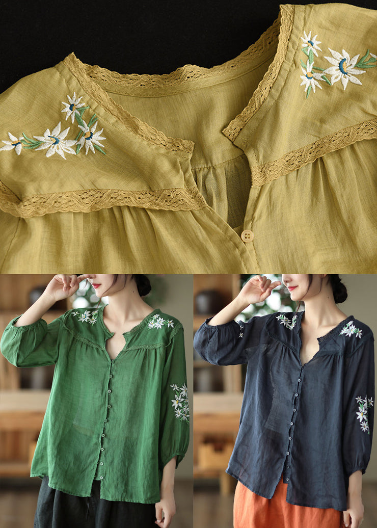 Italian Yellow Embroidered Lace Patchwork Linen Shirt Tops Bracelet Sleeve