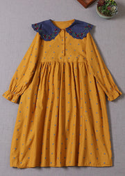 Italian Yellow Embroidered Patchwork Dot Cotton Party Dress Spring