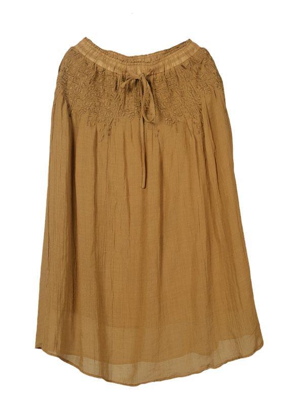 Italian Yellow Embroideried Tie Waist Fall Skirt - SooLinen