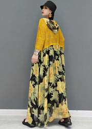 Italian Yellow Hooded Patchwork Chiffon Lace Maxi Dresses Bracelet Sleeve