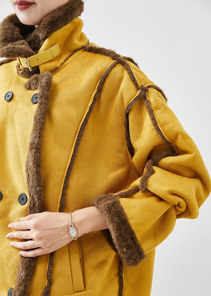 Italian Yellow Lapel Double Breast Fleece Wool Lined Coats Winter