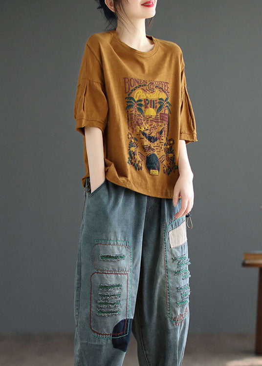 Italian Yellow O Neck Print Patchwork Cotton T Shirt Tops Summer