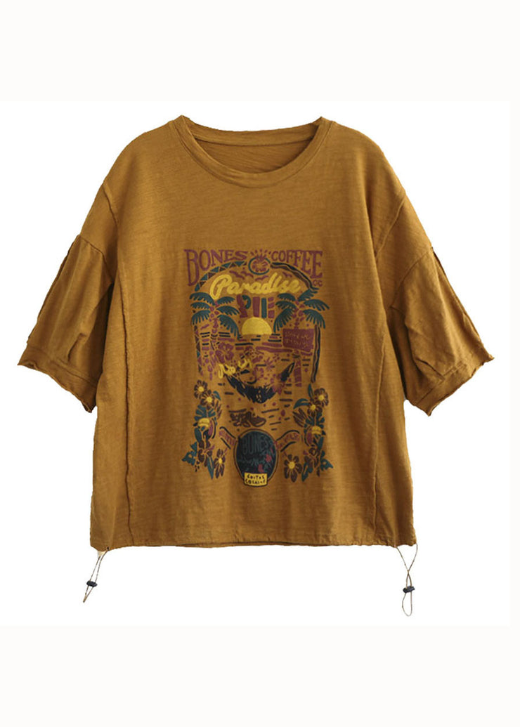 Italian Yellow O Neck Print Patchwork Cotton T Shirt Tops Summer