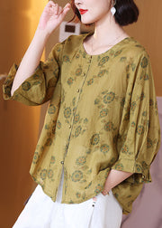 Italian Yellow O Neck Print Wrinkled Patchwork Linen Shirt Tops Summer