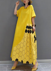 Italian Yellow O-Neck wrinkled Patchwork Maxi Dresses Spring