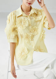 Italian Yellow Peter Pan Collar Floral Cotton Shirt Top Summer