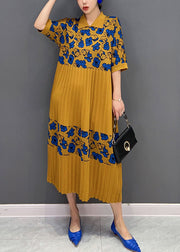 Italian Yellow Peter Pan Collar Patchwork Print Knit Long Dresses Summer