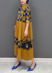 Italian Yellow Peter Pan Collar Patchwork Print Knit Long Dresses Summer