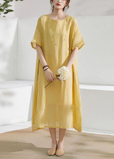 Italian Yellow Pockets Patchwork Summer Ramie Dress Half Sleeve - SooLinen
