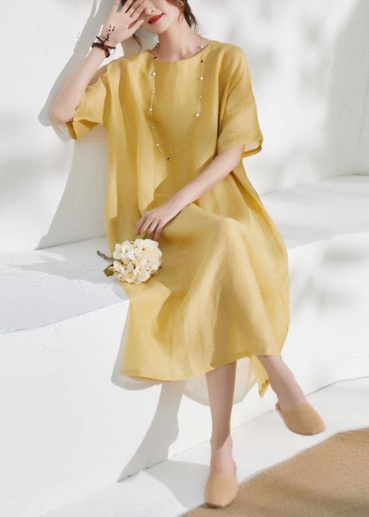 Italian Yellow Pockets Patchwork Summer Ramie Dress Half Sleeve - SooLinen