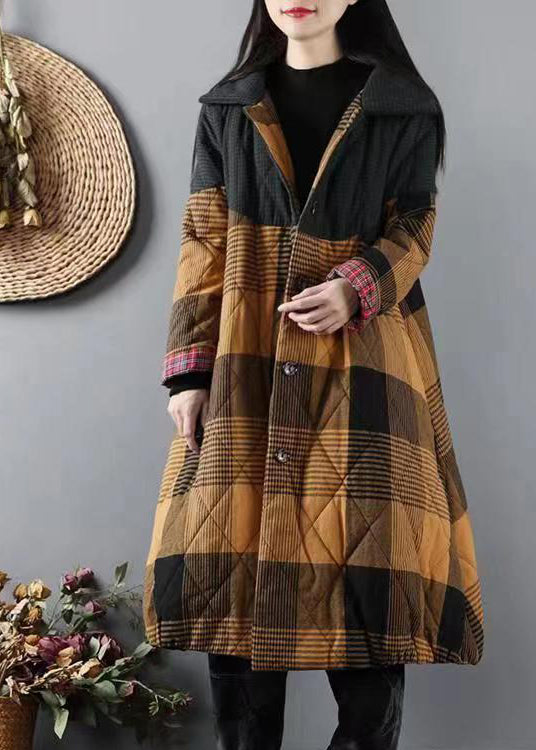 Italian Yellow Pockets Plaid Patchwork Fine Cotton Filled Coats Winter