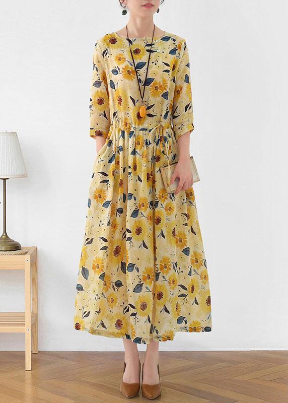Italian Yellow Print Ramie Tie Waist Ankle Dress Fall - SooLinen