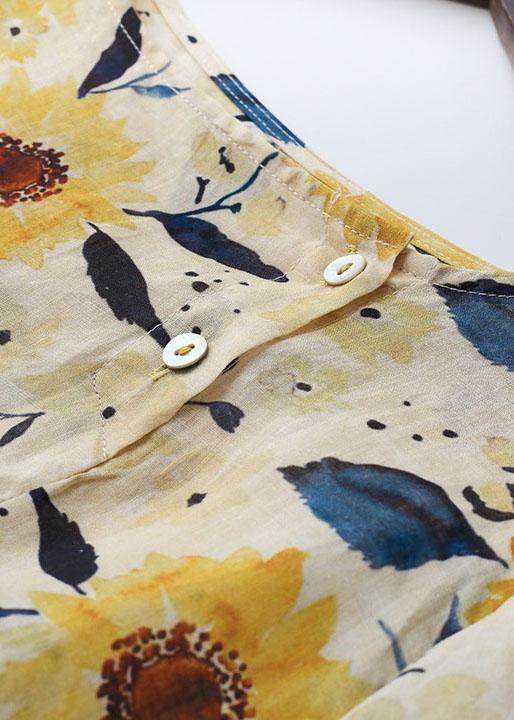 Italian Yellow Print Ramie Tie Waist Ankle Dress Fall - SooLinen