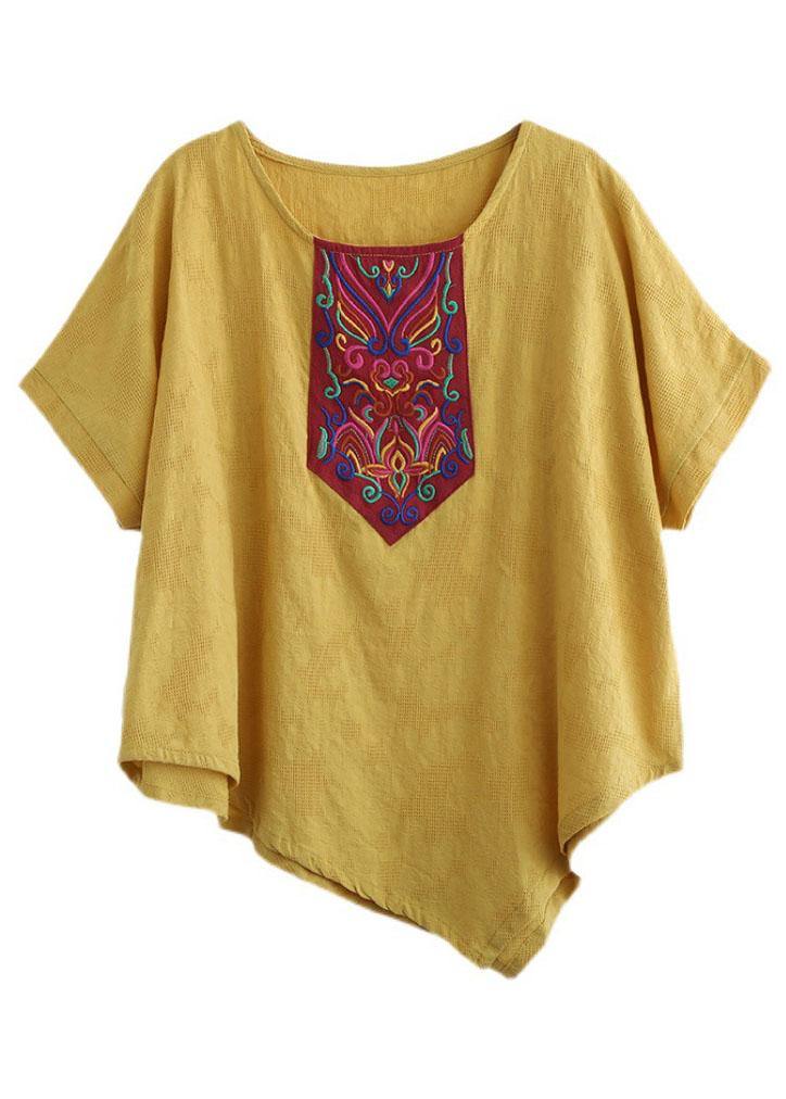 Italian Yellow Retro Embroideried Summer Shirt Short Sleeve - SooLinen