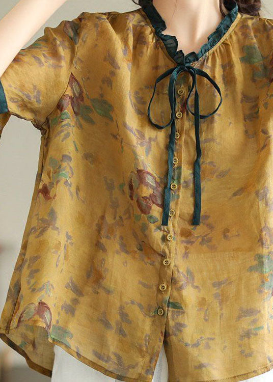 Italian Yellow Ruffled Print Linen Blouse Tops Summer