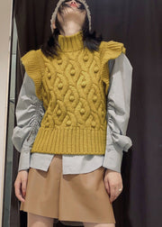 Italian Yellow Ruffles Turtle Neck cable knit vest Grey wrinkled Shirt top two Piece Outfit Spring