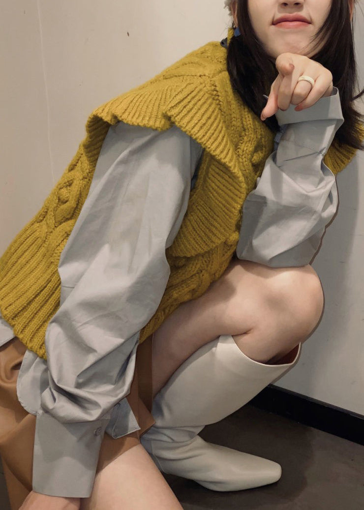 Italian Yellow Ruffles Turtle Neck cable knit vest Grey wrinkled Shirt top two Piece Outfit Spring