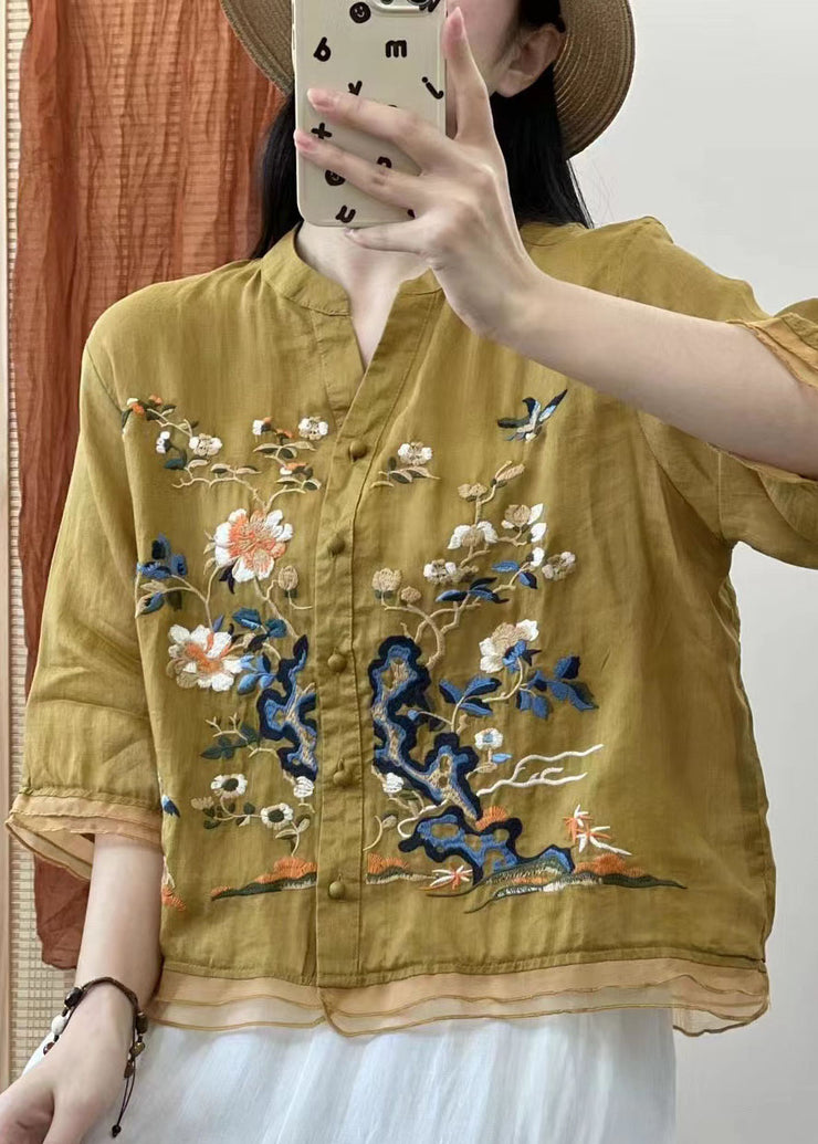 Italian Yellow Stand Collar Embroidered Button Patchwork Linen Blouses Summer