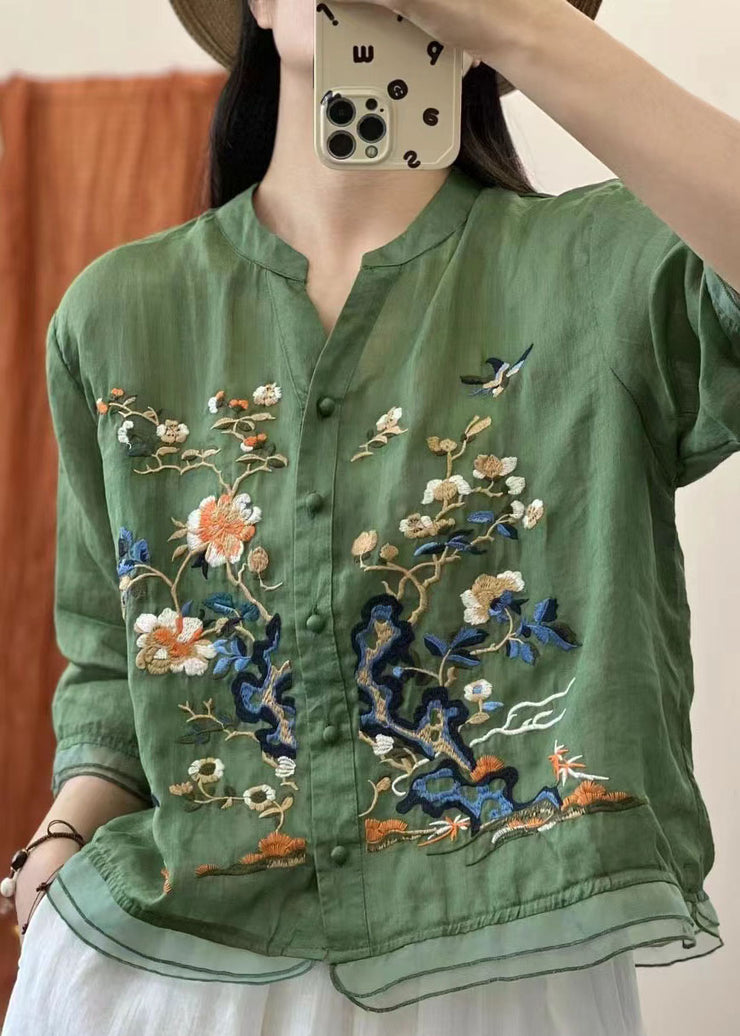 Italian Yellow Stand Collar Embroidered Button Patchwork Linen Blouses Summer