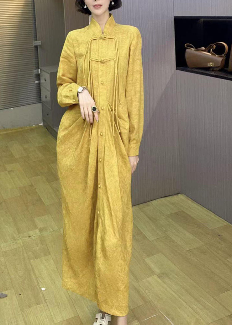 Italian Yellow Tasseled Button Wrinkled Patchwork Linen Dress Spring
