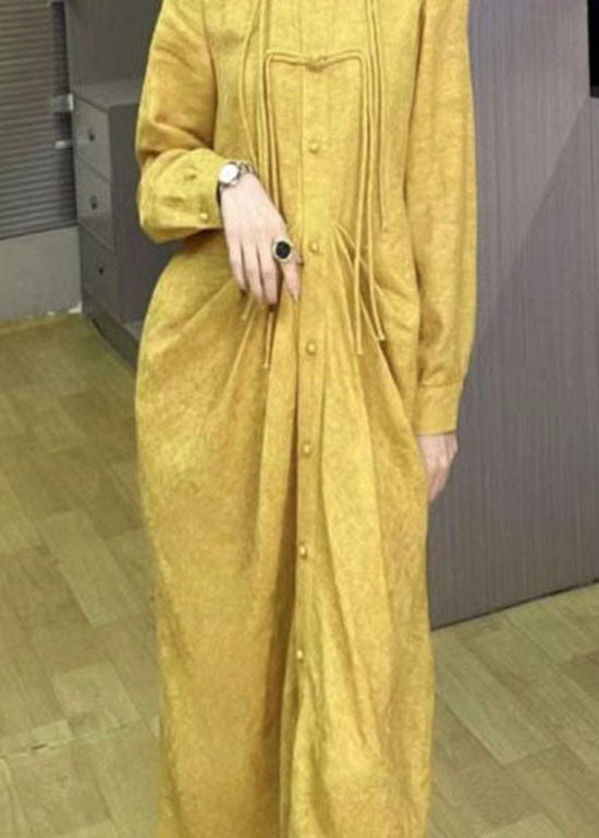 Italian Yellow Tasseled Button Wrinkled Patchwork Linen Dress Spring