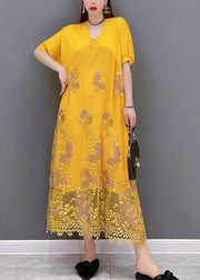 Italian Yellow V Neck Embroidered Patchwork Tassel Lace Dress Short Sleeve