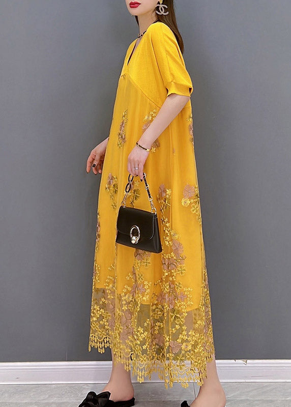 Italian Yellow V Neck Embroidered Patchwork Tassel Lace Dress Short Sleeve