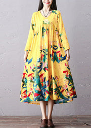 Italian Yellow Wrinkled Embroidered Print Cotton Long Dress Long Sleeve