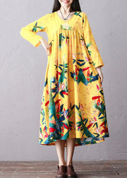 Italian Yellow Wrinkled Embroidered Print Cotton Long Dress Long Sleeve
