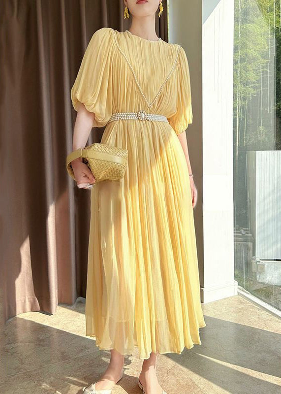 Italian Yellow Wrinkled Nail Bead Chiffon Long Dress Puff Sleeve