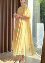 Italian Yellow Wrinkled Nail Bead Chiffon Long Dress Puff Sleeve