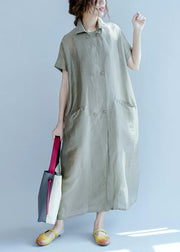 Italian army green quilting dresses lapel pockets long summer Dress - SooLinen