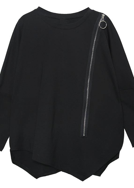 Italian asymmetric hem cotton clothes For Women Shirts black zippered blouse fall - SooLinen