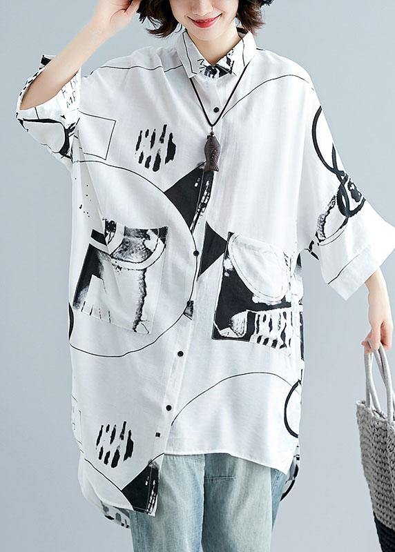 Italian asymmetric hem cotton linen tops women blouses Neckline white prints shirt summer - SooLinen
