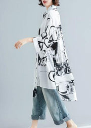 Italian asymmetric hem cotton linen tops women blouses Neckline white prints shirt summer - SooLinen
