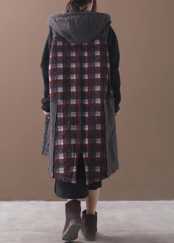 Italian back open fine hooded tunic pattern patchwork plaid baggy outwears - SooLinen