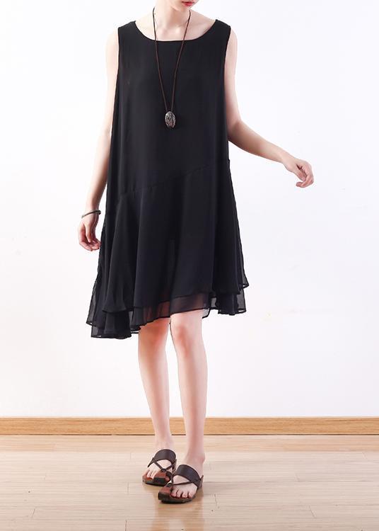 Italienisches schwarzes Chiffon-Outfit Korea Leinen ärmellose A-Linie Sommerkleider