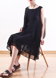 Italienisches schwarzes Chiffon-Outfit Korea Leinen ärmellose A-Linie Sommerkleider