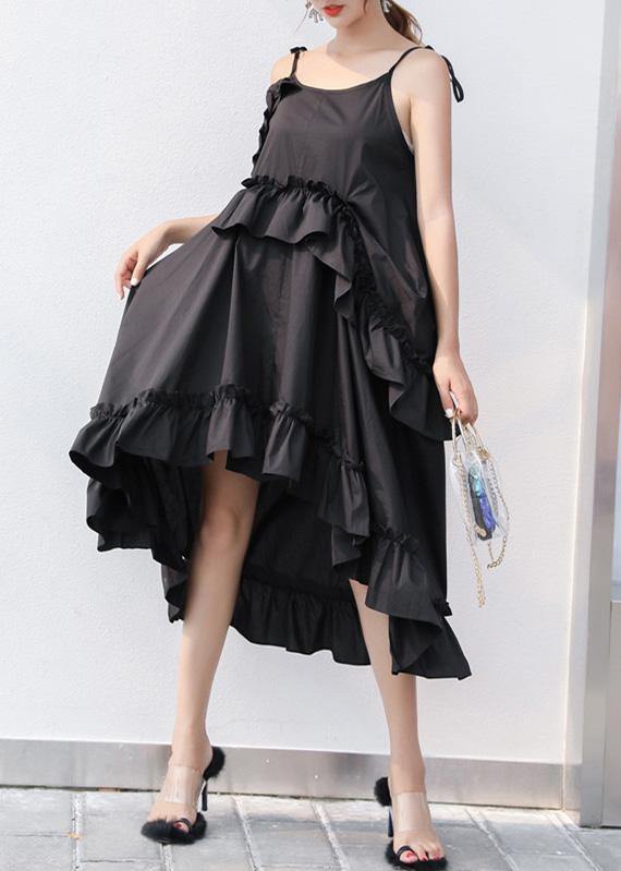 Italian black Cotton quilting dresses asymmetric tunic summer Dresses - SooLinen