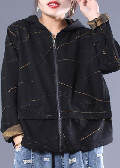 Italian black Fine outwear design hooded zippered coat - SooLinen
