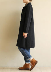 Italian black Plus Size outfit Cotton Notched collar two pockets coat - SooLinen