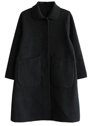 Italian black Plus Size outfit Cotton Notched collar two pockets coat - SooLinen