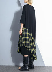 Italian black alphabet prints cotton tunic pattern patchwork plaid Maxi summer Dress - SooLinen
