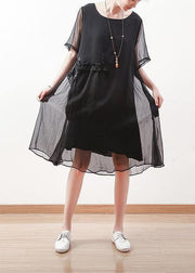 Italian black chiffon dresses Casual o neck Cinched long summer Dress - SooLinen