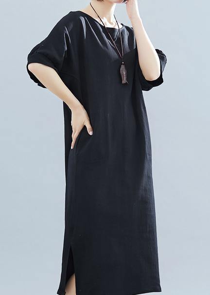 Italian black cotton Wardrobes o neck side open Art summer Dress - SooLinen