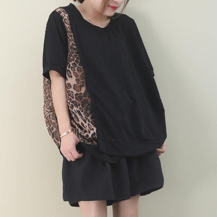 Italian black cotton clothes For Women o neck patchwork Leopard Knee blouses - SooLinen