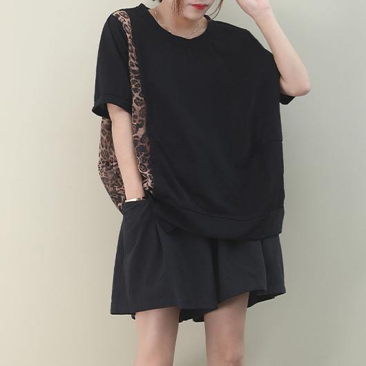 Italian black cotton clothes For Women o neck patchwork Leopard Knee blouses - SooLinen
