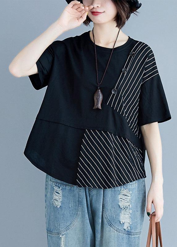 Italian black cotton clothes For Women o neck patchwork loose summer blouses - SooLinen